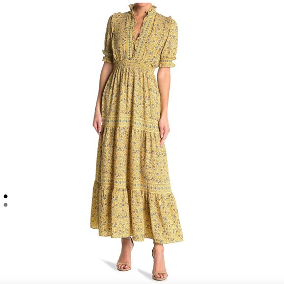 NWT Max Studio Elbow Length Sleeve Print Tiered Maxi Dress Yellow - Picture 1 of 13